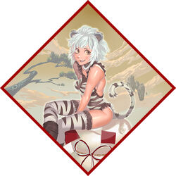  animal_ears animal_print female kichin_yarou original short_hair sitting solo tail thighhighs tiger_ears tiger_print tiger_tail white_hair yellow_eyes 