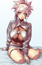  absurdres asymmetrical_bangs bandeau blue_eyes blush bodystocking breasts commentary covered_navel earrings fate/grand_order fate_(series) female highres jewelry large_breasts long_hair long_sleeves looking_at_viewer miyamoto_musashi_(fate) pencil_skirt pink_hair ponytail rioliogiz see-through_cleavage see-through_clothes shrug_(clothing) sitting skirt smile solo swept_bangs thighs untranslatable_commentary white_shrug white_skirt 