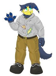  1_horn absurd_res anthro buttondrop_(regretevator) clothing cvinodor eyewear gesture glasses hand_gesture hi_res horn horned_humanoid humanoid male model_sheet regretevator roblox solo tail teeth the_axolotl_sun trans_(lore) trans_man_(lore) waving zumae 