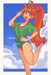  alternate_costume alternate_hairstyle blue_sky breasts cloud cloudy_sky commission earrings eyelashes eyewear_on_head fangs female flip-flops full_body green_shirt hair_ribbon hand_on_own_hip hand_up highres index_finger_raised inkerton-kun jewelry leg_up lina_inverse looking_at_viewer ocean one-piece_swimsuit open_mouth orange_eyes orange_hair ponytail red_one-piece_swimsuit red_ribbon ribbon round_eyewear sandals second-party_source shirt short_sleeves sky slayers smile solo standing standing_on_one_leg sunglasses swimsuit swimsuit_under_clothes tan tanline_peek tanlines 