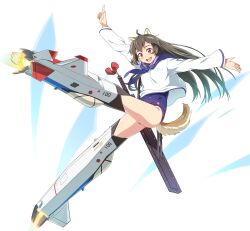  animal_ears arm_up ass black_hair blue_neckerchief blue_one-piece_swimsuit blue_sailor_collar dog_ears dog_girl dog_tail female full_body highres index_finger_raised long_hair mecha_musume neckerchief one-piece_swimsuit open_mouth orange_eyes original personification sailor_collar sheath sheathed shirt smile solo striker_unit swimsuit swimsuit_under_clothes sword tail takkun_(alicesoft) tassel teeth upper_teeth_only weapon white_background white_shirt world_witches_series x-2_shinshin x-2_shinshin_(personification) 
