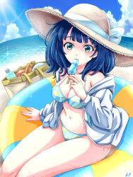  bag beach bikini blue_bikini blue_eyes blue_hair blue_sky bookforest bottle breasts cleavage cloud cowboy_shot day feet_out_of_frame female food hat highres hood hooded_jacket horizon innertube jacket make_heroine_ga_oo_sugiru! medium_breasts medium_hair ocean open_clothes open_jacket outdoors popsicle sky solo sun sun_hat swim_ring swimsuit white_hat white_jacket yanami_anna 