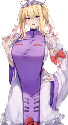  absurdres blonde_hair breasts dress female hair_ribbon hat highres large_breasts long_hair mirufui mob_cap purple_tabard red_ribbon ribbon short_twintails tabard touhou twintails white_dress yakumo_yukari yellow_eyes 