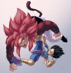  2boys ankle_socks armor battle belt black_eyes black_footwear black_hair blue_eyes blue_shorts blue_wristband bracer brown_socks cabba dragon_ball dragon_ball_gt dragon_ball_super english_commentary gogeta gradient_background grey_background grin highres in-franchise_crossover injury kicking long_hair male_focus medium_hair monkey_tail motion_lines multiple_boys muscular muscular_male open_mouth pants red_hair short_sleeves shorts smile socks sydoria tail teeth thick_eyebrows toned toned_male tongue v-shaped_eyebrows white_pants wristband 