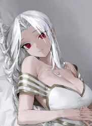  bare_shoulders breasts cleavage commentary eyes_visible_through_hair fate/zero fate_(series) female highres interlocked_fingers irisviel_von_einzbern large_breasts looking_at_viewer lying on_back sepo_(mito609) smile solo strap_slip upper_body 