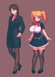  2girls black_jacket black_shirt black_skirt blazer blonde_hair blush bow bowtie breasts brown_background brown_hair brown_pantyhose brown_thighhighs buttons character_request closed_mouth drill_hair expressionless full_body genderswap_(mtf) highres ichijou_seiya jacket kaiji large_breasts long_hair long_sleeves looking_at_viewer multiple_girls necktie pantyhose purple_eyes red_bow red_bowtie red_shirt rule_63 shirt sidelocks simple_background skirt small_breasts smile suit thighhighs twin_drills white_necktie yologyeolseogchung-gyeogpaswaeseogsul 