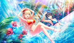  2girls ;d amelia_thunders barefoot bikini black_hair blonde_hair blue_bikini blue_eyes blurry blush breasts cinderella_series cleavage collarbone day depth_of_field dutch_angle eye_contact flower game_cg hachigatsu_no_cinderella_nine hair_between_eyes hair_ornament hair_up hairclip halterneck hands_up hibiscus high_ponytail highres lens_flare light_rays long_hair looking_at_another multiple_girls navel non-web_source o-ring o-ring_bikini official_alternate_hairstyle official_art one_eye_closed open_mouth orange_bikini outdoors palm_tree partially_submerged pool red_eyes red_flower shinonome_ryo sitting sky smile splashing sunbeam sunlight swimsuit tree water water_drop waterfall wet 