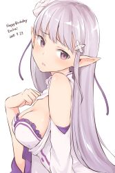  bare_shoulders breasts cleavage commentary dated dress emilia_(re:zero) female flower from_side hair_flower hair_ornament hair_ribbon hand_on_own_chest happy_birthday highres long_hair looking_at_viewer medium_breasts meganei pointy_ears purple_eyes purple_hair raised_eyebrows re:zero_kara_hajimeru_isekai_seikatsu ribbon simple_background solo upper_body white_background white_dress white_flower x_hair_ornament 