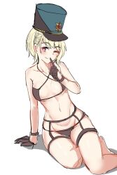  bad_id bad_pixiv_id bikini black_bikini blonde_hair breasts criss-cross_halter female finger_to_mouth garter_belt garter_straps girls&#039;_frontline gloves halterneck hat kuro_(tmdbin) looking_at_viewer mp-448_(girls&#039;_frontline) navel purple_eyes shako_cap short_hair sitting smile solo swimsuit white_background yokozuwari 