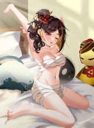  absurdres armpits arms_up bandages bare_shoulders barefoot bed blubberbeast_(genshin_impact) breasts brown_hair chest_sarashi chiori_(genshin_impact) cleavage collarbone commentary female genshin_impact hair_ornament highres indoors large_breasts maru_(est3562) medium_hair messy_hair navel one_eye_closed open_mouth pillow red_eyes sarashi sitting slime_(genshin_impact) solo stomach tamoto_(genshin_impact) thighs wariza 