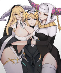  3girls azur_lane blonde_hair blue_eyes breasts brown_eyes crossover demon_horns eyebrows_hidden_by_hair fate/extra fate/extra_ccc fate/grand_order fate_(series) goddess_of_victory:_nikke habit hair_between_eyes highres holding_hands horn_ornament horns implacable_(azur_lane) large_breasts long_hair looking_at_viewer momofoo multiple_girls nun rapunzel_(nikke) revealing_clothes sessyoin_kiara simple_background swept_bangs thighhighs white_background yellow_eyes zettai_ryouiki 