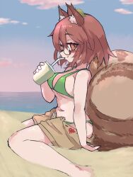  animal_ear_fluff animal_ears beach bikini bikini_under_shorts blue_sky breasts brown_hair cloud commentary_request cup drinking drinking_straw female from_side futatsuiwa_mamizou glasses highres holding holding_cup large_breasts leaf leaf_on_head looking_at_viewer navel on_ground pince-nez raccoon_ears raccoon_girl raccoon_tail sand short_hair shorts sitting sky smile solo swimsuit tail tanuki touhou unzipped wariza water yoshiyuki_(14330975) 