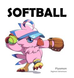  anklet anthro ball bandai_namco baseball_(ball) baseball_glove beak biyomon blue_eyes claws clothing digimon digimon_(species) feathers female hat headgear headwear jewelry op7804620 pink_body pink_feathers pitching softball solo visor_cap 