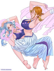  2girls armlet armpit_crease armpits arms_up barefoot blue_hair blue_nails blush breasts brown_eyes closed_eyes collarbone commentary earrings english_commentary eyelashes feet folded_ponytail forehead full_body hand_up jewelry large_breasts long_hair looking_at_viewer mouth_hold multiple_girls nail_polish nami_(one_piece) necklace nefertari_vivi official_alternate_costume one_piece orange_hair pleated_skirt shawl sideboob simple_background sitting sitting_on_person skirt smile soles spread_toes stud_earrings toenail_polish toenails toes uukkaa white_background white_skirt 