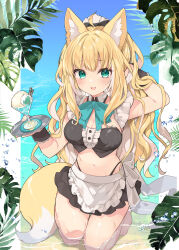  :d absurdres ahoge animal_ear_fluff animal_ears apron arm_up arms_behind_head barefoot beach black_panties black_shirt black_skirt blonde_hair blush breasts cleavage female food fox_ears fox_girl fox_tail fuwafuwa-chan_(kamiyoshi_rika) green_eyes hand_in_own_hair highleg highleg_panties highres ice_cream kamiyoshi_rika kneeling large_breasts long_hair looking_at_viewer midriff navel ocean open_mouth original panties partially_submerged ponytail second-party_source shirt skirt smile solo tail thigh_gap thighs underwear very_long_hair waist_apron wet white_apron 