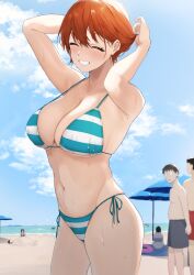  2boys absurdres akito_(d30n26) armpits bare_shoulders beach beach_umbrella bikini blue_sky breasts cleavage closed_eyes cloud day female grin highres large_breasts mole mole_on_armpit multiple_boys nagi_(akito) navel ocean orange_hair original outdoors people red_hair sand short_hair side-tie_bikini_bottom sideboob sky smile solo_focus stomach strap_gap striped_bikini striped_clothes swimsuit umbrella underboob 