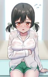  absurdres arm_under_breasts black_hair blush breasts cleavage collared_shirt cowboy_shot d: double-parted_bangs dress_shirt embarrassed female flying_sweatdrops green_ribbons green_shorts hair_between_eyes hair_ribbon hand_rest highres long_sleeves looking_at_viewer love_live! love_live!_nijigasaki_high_school_idol_club low_twintails medium_breasts medium_hair mifune_shioriko navel nose_blush official_alternate_costume open_mouth orange_hair oversized_clothes oversized_shirt panaham ribbon see-through_clothes see-through_shirt shirt short_shorts short_twintails shorts sitting sleeves_past_wrists solo tokimeki_no_mirai_chizu twintails wet wet_clothes wet_shirt white_shirt 