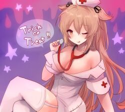  alternate_costume breasts brown_eyes cross dress female garter_straps hair_flaps halloween hat highres hirune_(konekonelkk) holding holding_stethoscope kantai_collection large_breasts light_brown_hair murasame_(kancolle) murasame_kai_ni_(kancolle) nurse nurse_cap one_eye_closed purple_background red_cross sitting solo star_symbol_background stethoscope thighhighs two_side_up white_dress white_thighhighs 