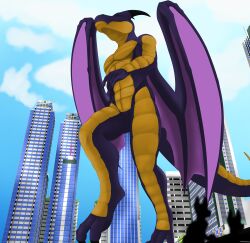  absurd_res anthro city city_background dragon hi_res macro male mythological_creature mythological_scalie mythology scalie semi-anthro skyeder solo 