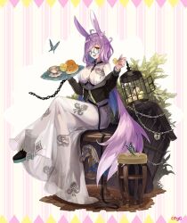  ;d ahoge animal_ears between_breasts birdcage black_footwear blue-framed_eyewear boots breasts bug butterfly cage chains commentary_request cupcake easter easter_egg egg female food fork full_body glasses high_heel_boots high_heels holding holding_fork large_breasts long_hair looking_at_viewer official_alternate_costume official_art one_eye_closed phantom_of_the_kill platform_footwear purple_hair rabbit_ears rabbit_girl second-party_source sitting smile solo vanargand_(phantom_of_the_kill) very_long_hair yellow_eyes 