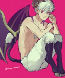  1boy animal_feet commentary_request demon_boy demon_wings full_body hooves horns incubus_(azazel-san) knees_up looking_at_viewer male_focus mame_moyashi monster_boy pink_background pink_eyes sheep_horns short_hair simple_background sitting smile solo tail white_hair wings yondemasu_yo_azazel-san. 