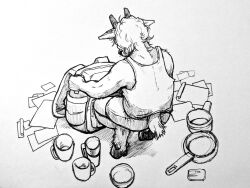  2024 4:3 absurd_res anthro backpack bovid caprine container cookware cup digitigrade ears_down faceless_character frying_pan hair hi_res holding_object hooves horn inktober inktober_2024 kitchen_utensils male mammal mug paper pivoted_ears rocky_mountain_goat solo tail tangerin4yon thermos tools traditional_media_(artwork) wavy_hair 