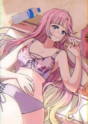  absurdres anyoji_hime beach bikini blonde_hair blue_eyes blunt_bangs blush breasts cleavage collarbone commentary cross-laced_bikini cross-laced_clothes female floral_print floral_print_bikini goldluck gradient_hair hair_down hair_spread_out highres link!_like!_love_live! long_hair looking_at_viewer love_live! love_live!_days:_love_live!_general_magazine lying midriff multicolored_hair navel official_alternate_costume official_alternate_hairstyle on_back outdoors pink_hair plastic_bottle print_bikini purple_bikini sidelocks solo swept_bangs swimsuit very_long_hair 