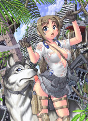  backpack bag bandaid bandaid_on_cheek bandaid_on_face blue_eyes blue_sky breasts brown_hair building canine cleavage clothes_around_waist cloud commentary_request digital_media_player female gun hair_ornament handgun hase_yu headphones headphones_around_neck holster impossible_clothes ipod ipod_shuffle jacket jacket_around_waist knee_pads licking_ass machete medium_breasts miniskirt oerba_yun_fang open_mouth original partially_unbuttoned plaid_clothes plaid_skirt plant plunging_neckline post-apocalypse ruins skirt sky thigh_holster tongue tongue_out tree vines weapon x_hair_ornament 