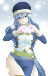  absurdres blue_eyes blue_hair blue_hat blue_skirt blush bow breasts closed_mouth dmayaichi english_commentary fairy_tail female green_bow hair_between_eyes hat heart heart_hands highres juvia_lockser large_breasts long_hair long_sleeves outdoors paid_reward_available sidelocks skirt smile snow solo standing 