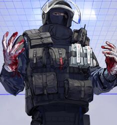  1boy ammunition_pouch assault_visor black_vest blood blood_on_hands blue_shirt brown_eyes chinese_commentary collared_vest commentary_request doc_(rainbow_six_siege) gloves grid helmet highres long_sleeves looking_at_viewer male_focus mask pants pouch rainbow_six_siege shangxin_cuiruo_de_gou shirt solo thigh_pouch upper_body vest walkie-talkie white_gloves 