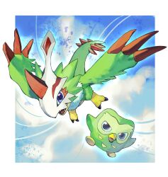  anthro bandai_namco beak digimon digimon_(species) duo duo_(duolingo) duolingo feathers feet green_body green_feathers hi_res male mascot mask neck_tuft pteromon purple_eyes sayoko404 talons toes tuft wings 