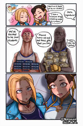  2boys 2girls 3koma avatar_(street_fighter_6) bald blank_eyes blonde_hair blue_eyes brown_hair cammy_white capcom carrying china_dress chinese_clothes choker chun-li collarbone comic dark-skinned_male dark_skin dated double_bun dress drooling earrings english_text eyelashes facial_hair facial_scar fingerless_gloves fully_clothed furrowed_brow gloves hair_bun hair_ribbon hand_on_own_cheek hand_on_own_face head_tilt hershuar imagining jacket jewelry lips long_neck looking_up medium_hair multiple_boys multiple_girls open_mouth orange_eyes parted_lips penis_shadow pink_hair ribbon scar scar_on_cheek scar_on_face sexually_suggestive shadow short_hair smile street_fighter street_fighter_6 stubble thought_bubble twitter_username veins veiny_neck 