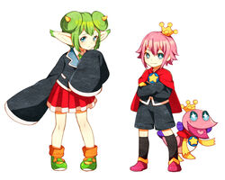  +_+ 1boy bare_legs black_legwear blue_eyes cape commentary_request crossed_arms crown double_bun dual_persona female fish full_body green_hair hair_bun horns kei-chan_(atlas_kei) kneehighs lidelle_(puyopuyo) ocean_prince pentacle photoshop_(medium) pink_hair pointy_ears puyopuyo puyopuyo_fever red_cape salde_canarl_shellbrick_iii school_uniform shoes short_hair shorts skirt sleeves_past_wrists socks white_background 