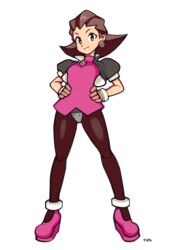  artist_name black_legwear blush breasts brown_hair earrings female female full_body green_eyes hairband jewelry legs looking_at_viewer pantyhose pink_hairband pov rockman rockman_dash simple_background smile solo standing tron_bonne typo_(requiemdusk) 