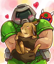  1boy abstract_background animal animal_ears animal_hug assault_visor belt black_gloves blush_stickers cacodemon chibi commentary_request daisy_(doom) doom_(series) doomguy gloves grey_visor heart helmet hissy_(doom) hug kurashiki_nanka male_focus monster muscular one-eyed pouch rabbit rabbit_ears signature smile solo utility_belt 