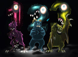  1_2_3_slaughter_me_street absurd_res avian bird blue_eyes bovid caprine claws creepy dragon fangs female fog fur glowing glowing_eyes goat group hi_res male mammal mythological_creature mythological_scalie mythology number pink_body pink_fur puppet rile-reptile scalie teeth the_follower the_greeter the_waiter wings yellow_body yellow_fur 