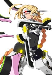  ahoge arm_blade bad_id bad_pixiv_id blazblue blonde_hair bodysuit braid crotch_plate female hair_weapon jerun lambda-11 long_hair mecha_musume solo visor weapon 