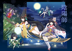  5girls aoandon barefoot bell black_hair black_skirt breasts broom broom_riding butterfly_wings cameltoe chibi cleavage commentary_request geta green_eyes hat head_wings highres hotarugusa_(onmyoji) insect_wings japanese_clothes jingle_bell kochou_no_sei_(onmyoji) large_breasts long_hair looking_at_viewer lying mask miko moon multiple_girls night night_sky onmyoji onmyouji outdoors panties pantyshot purple_eyes skirt sky smile staff sword tate_eboshi toeless_legwear underwear unworn_mask very_long_hair w-verne weapon white_hair white_legwear white_skirt wide_sleeves wings youtou_hime_(onmyoji) yuki_onna yuki_onna_(onmyoji) 