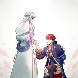  1boy alternate_costume blue_hair blush cape closed_eyes commentary_request dress eliwood_(fire_emblem) eliwood_(valentine)_(fire_emblem) female fire_emblem fire_emblem:_the_blazing_blade fire_emblem_heroes flower gloves hair_ornament highres long_hair ninian_(bridal)_(fire_emblem) ninian_(fire_emblem) open_mouth red_eyes red_hair rokusashu short_hair smile 