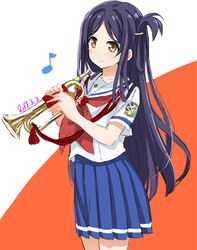  abe_kanari badge black_hair blue_skirt brown_eyes bugle commentary_request cowboy_shot dated eighth_note female high_school_fleet instrument long_hair marikouji_kaede musical_note neckerchief one_side_up photoshop_(medium) pleated_skirt red_neckerchief rope school_uniform serafuku short_sleeves skirt smile solo standing yokosuka_girls_marine_high_school_uniform 