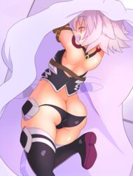  :d arm_belt arms_up artist_name ass bare_shoulders belt belt_buckle black_panties black_thighhighs blush boots brown_belt buckle butt_crack closed_eyes commentary_request covered_nipples eyebrows fate/apocrypha fate/grand_order fate_(series) female from_behind grey_hair hair_between_eyes highres jack_the_ripper_(fate/apocrypha) leg_up lowleg lowleg_panties medjed_(fate) ooba_jun open_mouth panties scar scar_across_eye scar_on_face short_hair shoulder_tattoo simple_background smile solo standing standing_on_one_leg tattoo teeth thigh_boots thighhighs twitter_username underwear white_background 