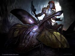  arthropod backlighting better_version_at_source cave holding_object holding_weapon hybrid insects inside light lighting magic:_the_gathering male marco_nelor melee_weapon membrane_(anatomy) membranous_wings official_art polearm rear_view signature solo spear spread_wings standing weapon wings 