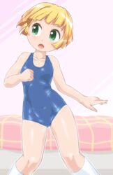  bed blonde_hair blue_one-piece_swimsuit blunt_bangs commentary covered_navel cowboy_shot female green_eyes indie_virtual_youtuber kneehighs looking_to_the_side new_school_swimsuit one-piece_swimsuit school_swimsuit short_hair socks solo suzuki_cecil swimsuit virtual_youtuber white_socks winn 