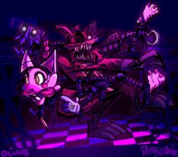  ambiguous_gender animatronic anthro bow_(feature) bow_tie canid canine cassup0p checkered checkered_floor dark exposed_endoskeleton eye_patch eyewear five_nights_at_freddy&#039;s five_nights_at_freddy&#039;s_2 fox group hook hook_hand machine male mammal mangle_(fnaf) purple_man_(fnaf) robot scottgames teeth tongue william_afton_(fnaf) withered_foxy_(fnaf) 