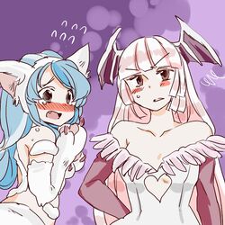  2girls animal_hands blue_hair blush commentary_request cosplay felicia_(vampire) felicia_(vampire)_(cosplay) flying_sweatdrops fujiwara_no_mokou head_wings kamishirasawa_keine komaku_juushoku long_hair morrigan_aensland morrigan_aensland_(cosplay) multiple_girls pink_hair red_eyes touhou vampire_(game) white_hair wings 