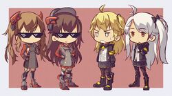  4girls admiral_hipper_(azur_lane) admiral_hipper_(azur_lane)_(cosplay) ahoge annoyed armband azur_lane chibi commentary cosplay costume_switch crossover deal_with_it_(meme) girls&#039;_frontline highres meme military military_uniform multiple_girls prinz_eugen_(azur_lane) prinz_eugen_(azur_lane)_(cosplay) ump45_(girls&#039;_frontline) ump45_(girls&#039;_frontline)_(cosplay) ump9_(girls&#039;_frontline) ump9_(girls&#039;_frontline)_(cosplay) uniform yellow_armband zeldin 