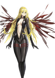  absurdres arms_at_sides ass_visible_through_thighs bad_id bad_pixiv_id blonde_hair blue_eyes bodysuit breasts center_opening character_request closers commentary female full-length_zipper full_body hair_between_eyes highres irina_petrovona legendwarrior long_hair looking_at_viewer medium_breasts midriff navel photoshop_(medium) simple_background solo stomach symbol-only_commentary thigh_gap unzipped very_long_hair white_background wings zipper 