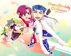  1boy 5girls bazett_fraga_mcremitz birthday blue_hair blush boots carnival_phantasm carrying commentary_request cu_chulainn_(fate) cu_chulainn_(fate/stay_night) dated earrings fate/hollow_ataraxia fate/stay_night fate_(series) happy_birthday jewelry long_hair midriff misoiri_(gokutsubushi) multiple_girls neco-arc neco-arc_bubbles neco-arc_chaos neco-arc_destiny neco-arc_evolution neco_spirit oerba_yun_fang photoshop_(medium) ponytail princess_carry purple_eyes purple_hair short_hair thigh_boots thighhighs 