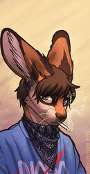  2014 ammo_(character) anthro bandana bangs biped blue_bandanna blue_clothing blue_kerchief blue_neckerchief blue_shirt blue_t-shirt blue_topwear brown_body brown_ears brown_fur brown_hair brown_nose bust_portrait canid canine cigarette clothed clothing clothing_logo ear_piercing english_text fighterjet fox front_view fur green_eyes grey_bandanna grey_clothing grey_kerchief grey_neckerchief hair hybrid inner_ear_fluff kerchief lagomorph leporid logo looking_at_viewer male mammal multicolored_bandanna multicolored_clothing multicolored_kerchief multicolored_neckerchief nasa nasa_logo nasa_t-shirt neckerchief outside pattern_bandanna pattern_clothing pattern_kerchief pattern_neckerchief piercing portrait print_clothing print_shirt print_t-shirt print_topwear rabbit shirt simple_background smoke smoking snout solo t-shirt text text_on_clothing text_on_shirt text_on_t-shirt text_on_topwear topwear traditional_media_(artwork) tuft two_tone_bandanna two_tone_clothing two_tone_kerchief two_tone_neckerchief whiskers white_whiskers wishbone_mouth 