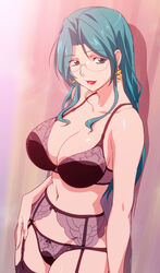  aqua_eyes aqua_hair archived_source bad_id bad_link bra breasts cowboy_shot earrings female garter_belt glasses hand_on_own_hip jewelry lace lace-trimmed_bra lace-trimmed_panties lace_trim large_breasts lipstick makeup mature_female navel panties randou_serika rimless_eyewear solo super_real_mahjong underwear underwear_only 